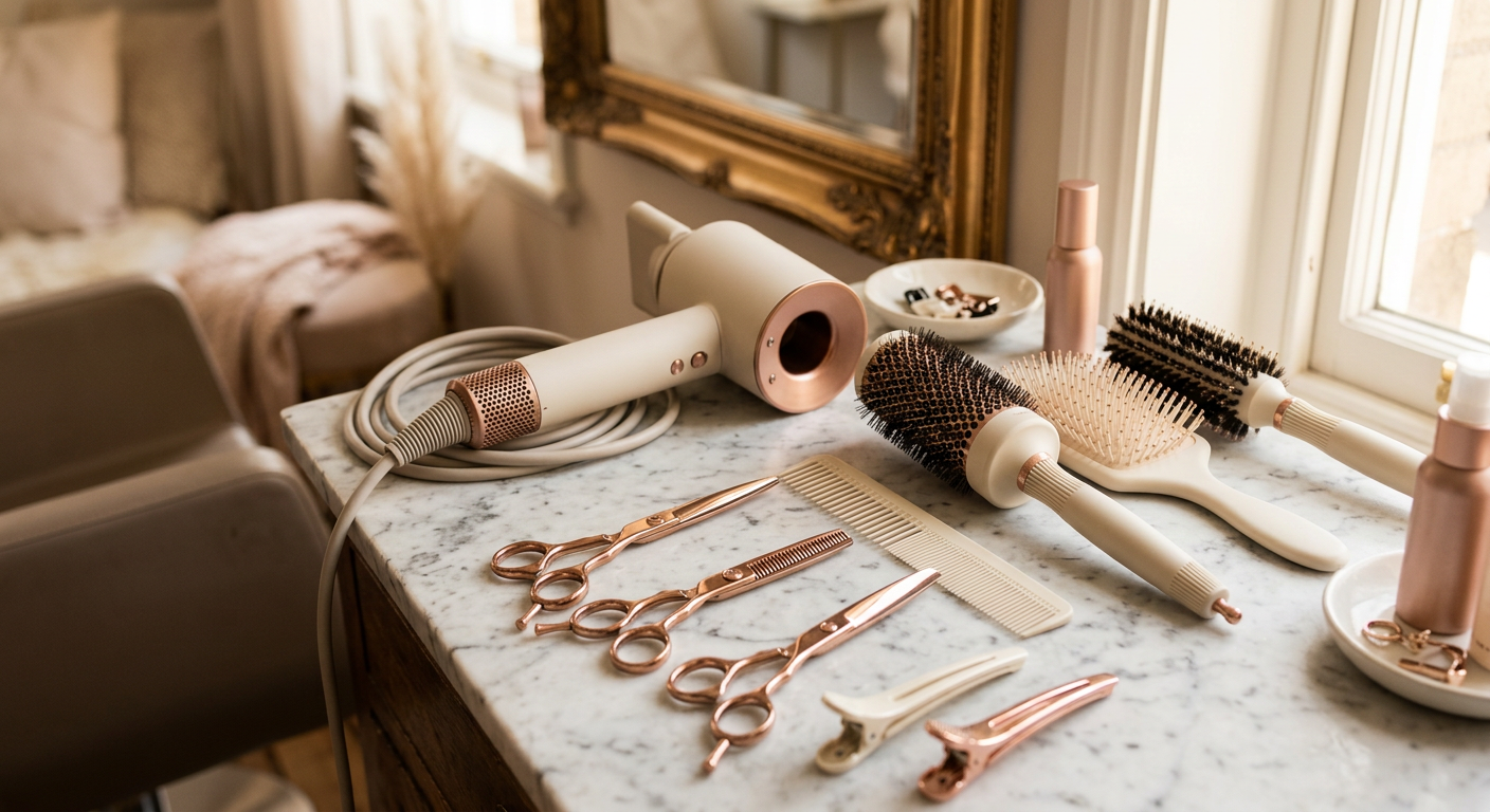 Hairdressing combs, brushes and scissors laid out on a styling station